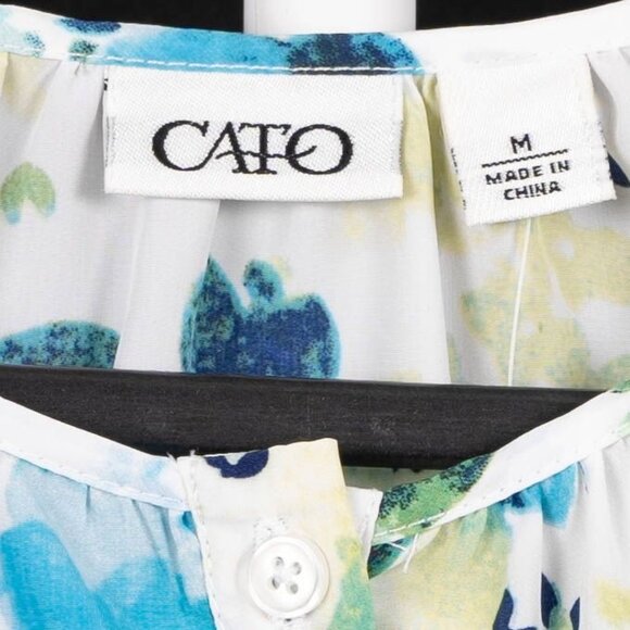 Cato Floral Blouse M Womens New Print Button Up Tie 3/4 Sleeve White Blue Green - Picture 5 of 7
